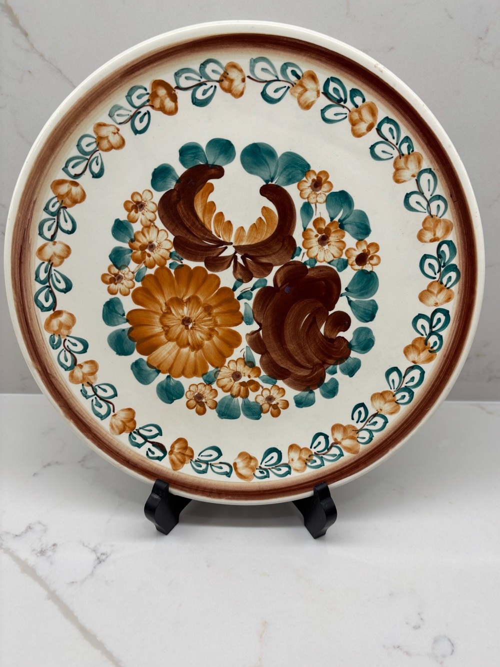 Vintage Hand-Painted Floral Decorative Wall Plate Polish Pottery Wloclawek